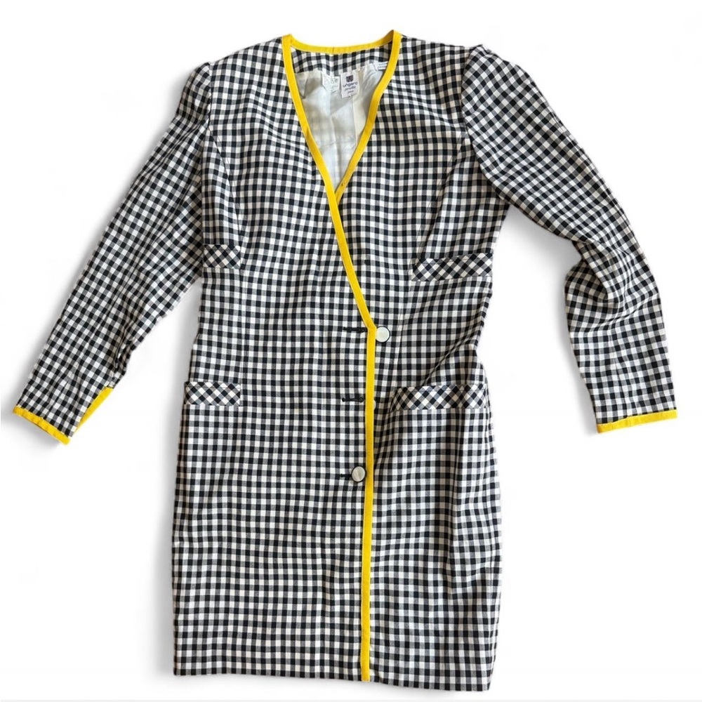 UNGARO PARIS Black & White Gingham Dress with Yellow Trim